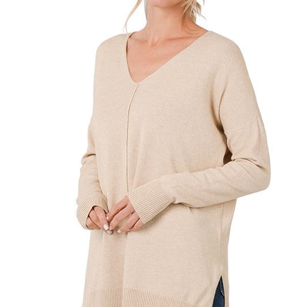 Hi-Low Hem V-Neck Center Seam Sweater
