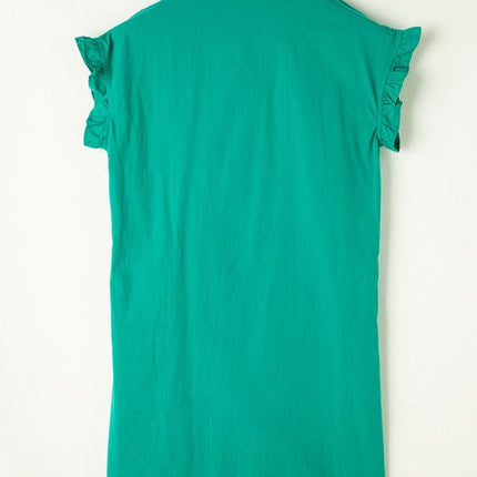 Green Shirred Ruffle Sleeve Button Up Short Dress