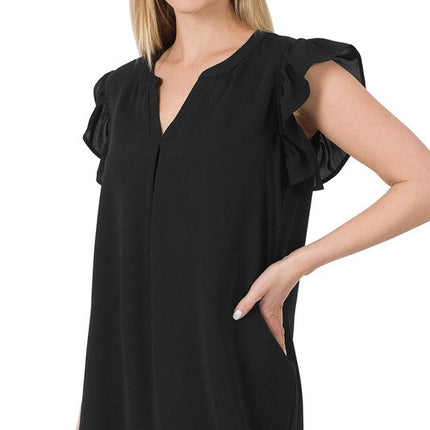 Woven Wool Peach Ruffled Sleeve High-Low Top