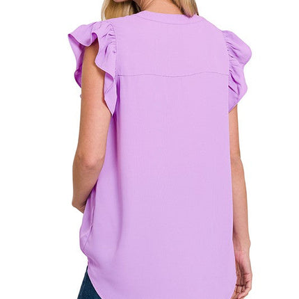 Woven Wool Peach Ruffled Sleeve High-Low Top