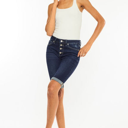 High Rise Button Down Cuffed Bermuda Jeans