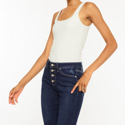 High Rise Button Down Cuffed Bermuda Jeans