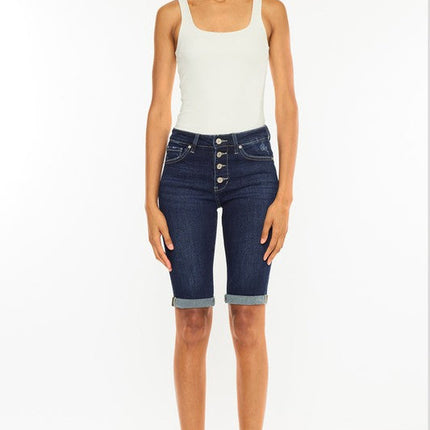 High Rise Button Down Cuffed Bermuda Jeans