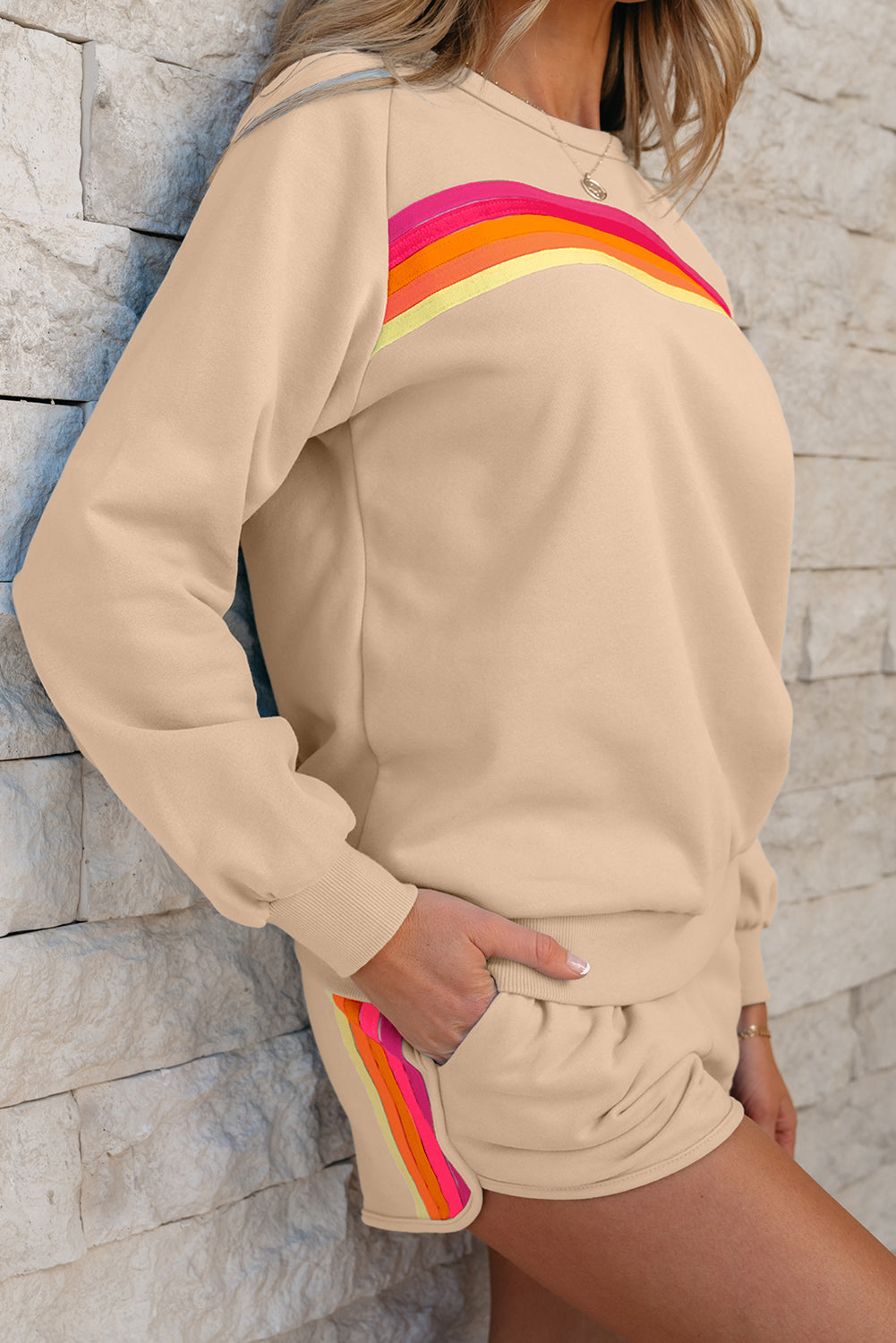 Luxury Striped Accent Pullover and Shorts Two Piece Casual Set