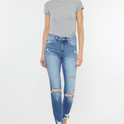 High Rise Fray Hem Ankle Skinny Jeans