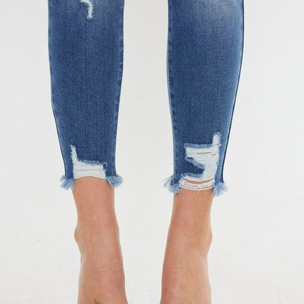 High Rise Fray Hem Ankle Skinny Jeans