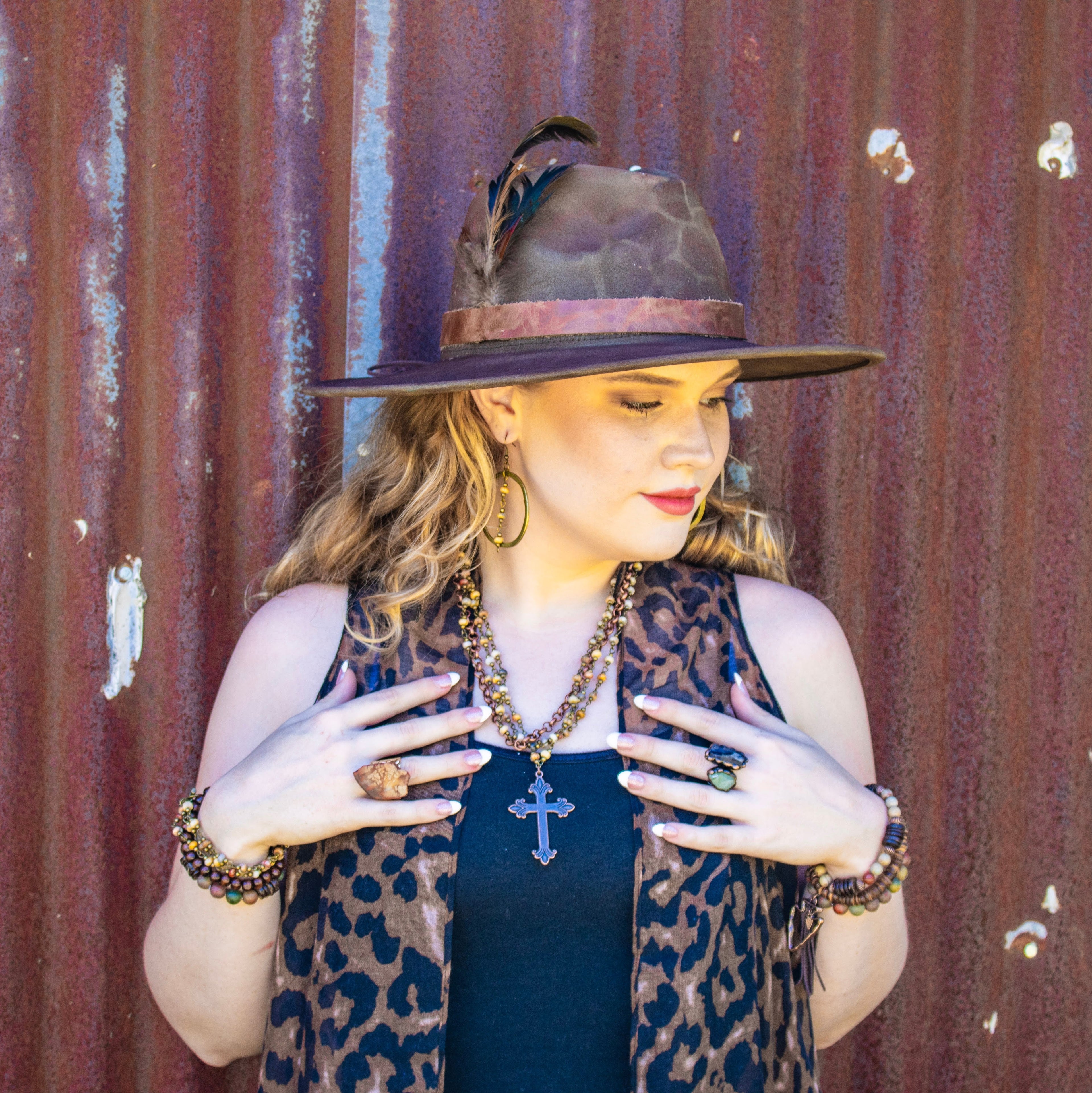 Western Copper Hoop Earrings w/ Natural Agate Beads 200s