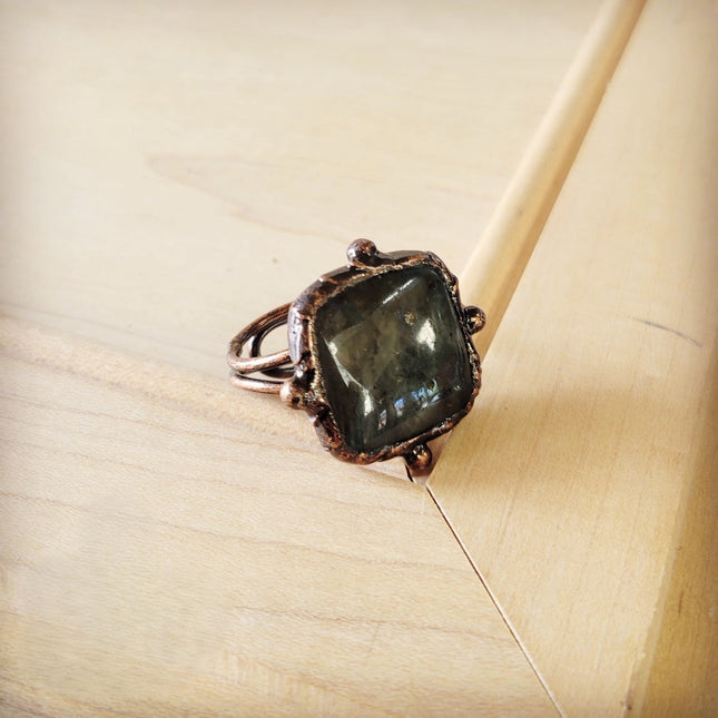 Genuine Labradorite Ring Square Antique Copper 012xa