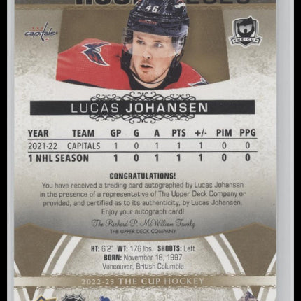 2022-23 The Cup Lucas Johansen Rookie Class of 2023 Gold Foil Autographs #/50