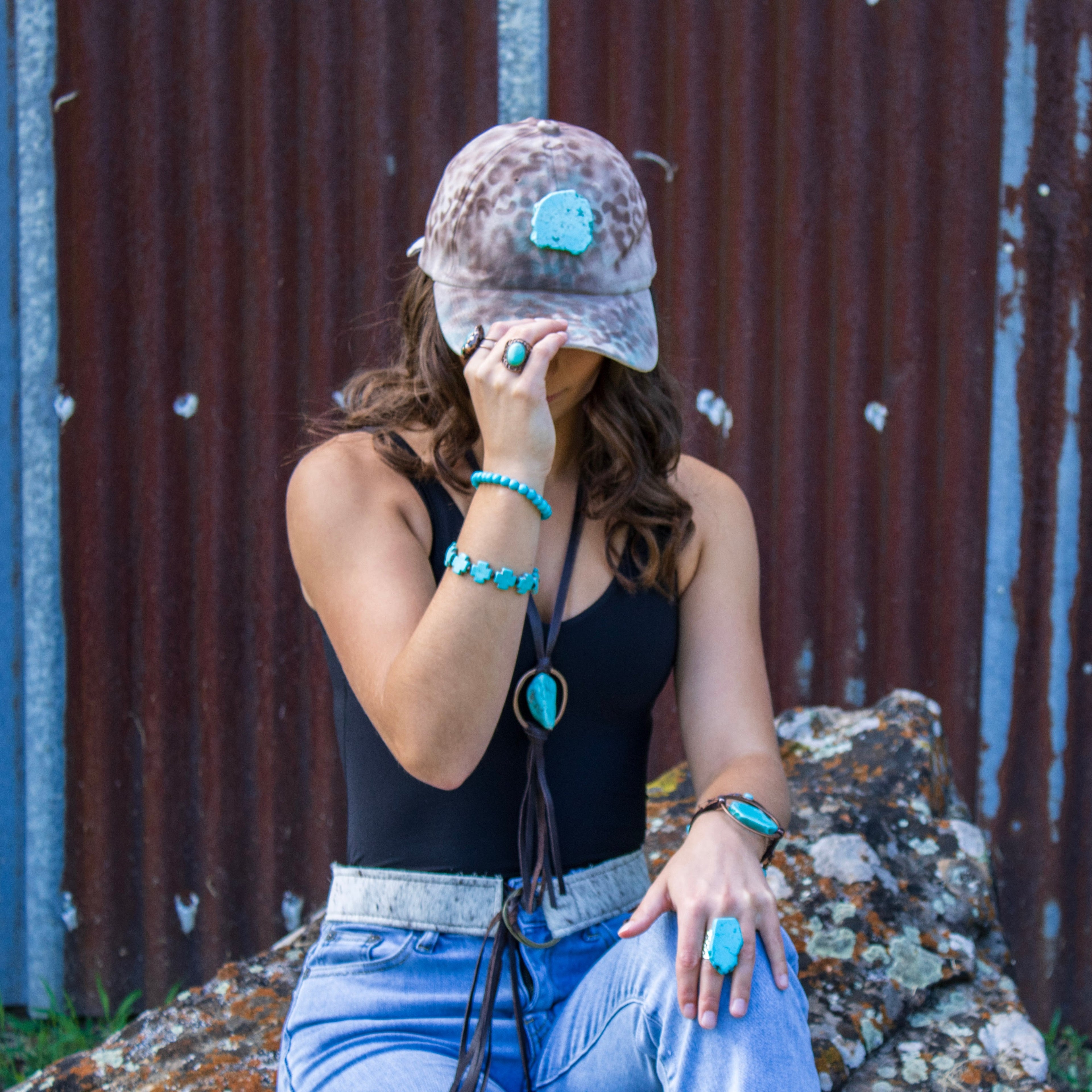 Hand-Painted Leopard Suede Baseball Cap w/ Turquoise-Ivory 986m