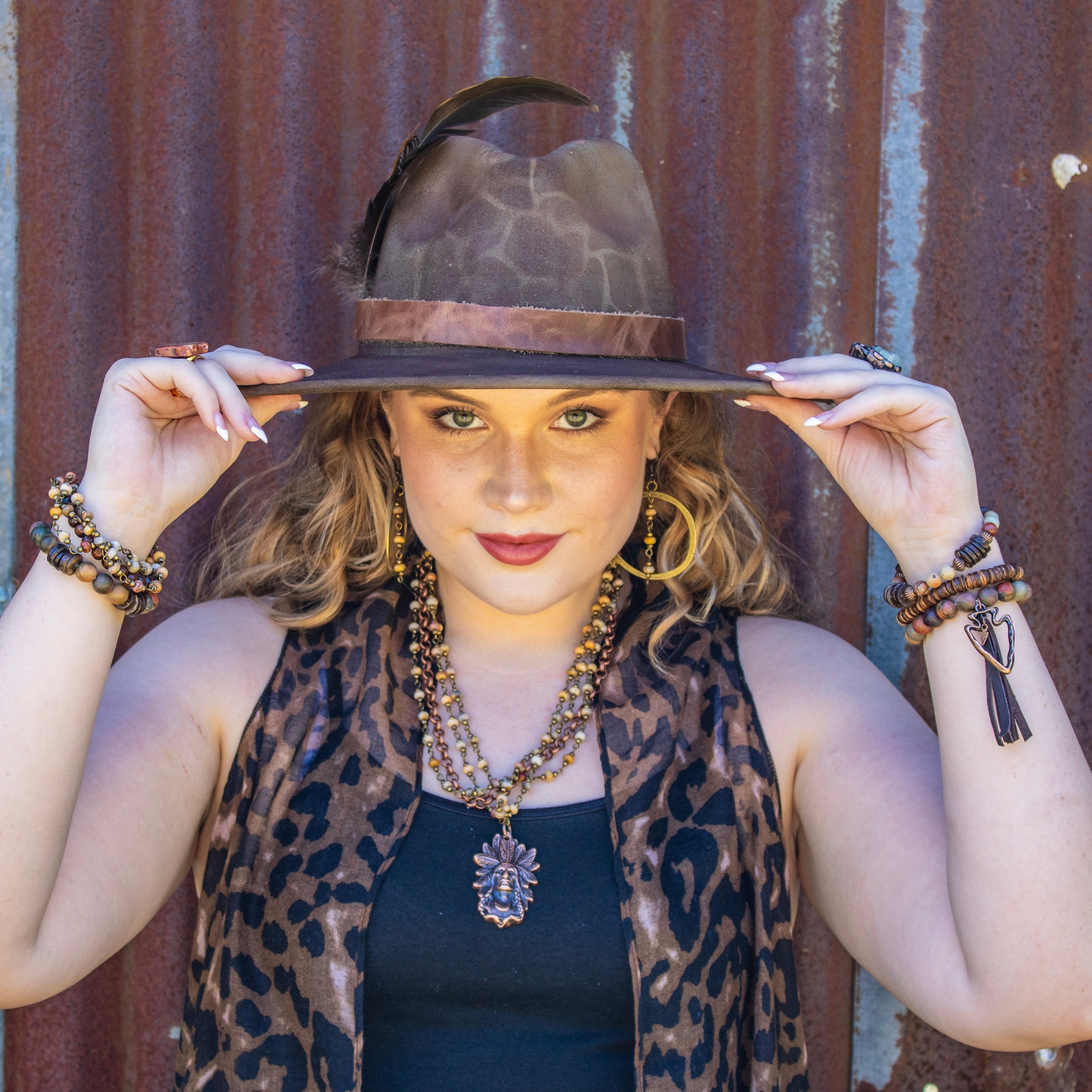 Western Copper Hoop Earrings w/ Natural Agate Beads 200s