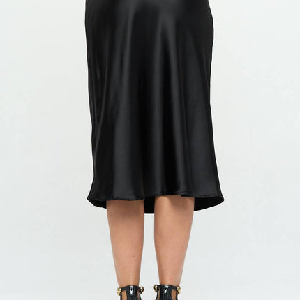 Black Satin Midi Skirt with Slit