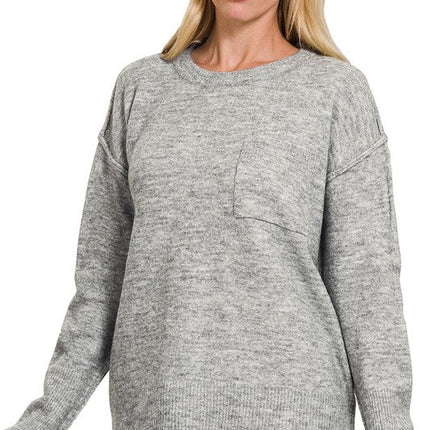 Melange Hi-Low Hem Round Neck Sweater