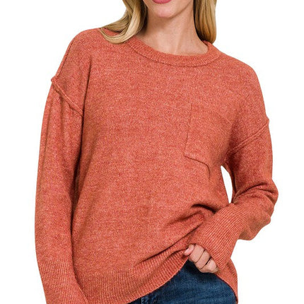 Melange Hi-Low Hem Round Neck Sweater