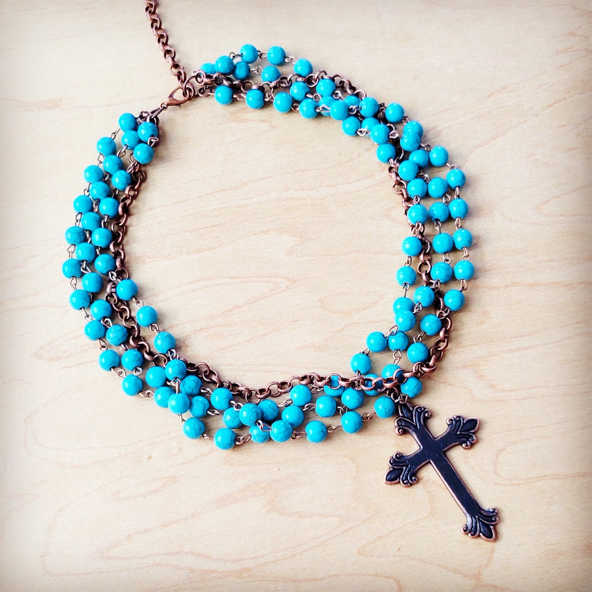 Blue Turquoise Beaded Collar Necklace w/ Cross Pendant 260y
