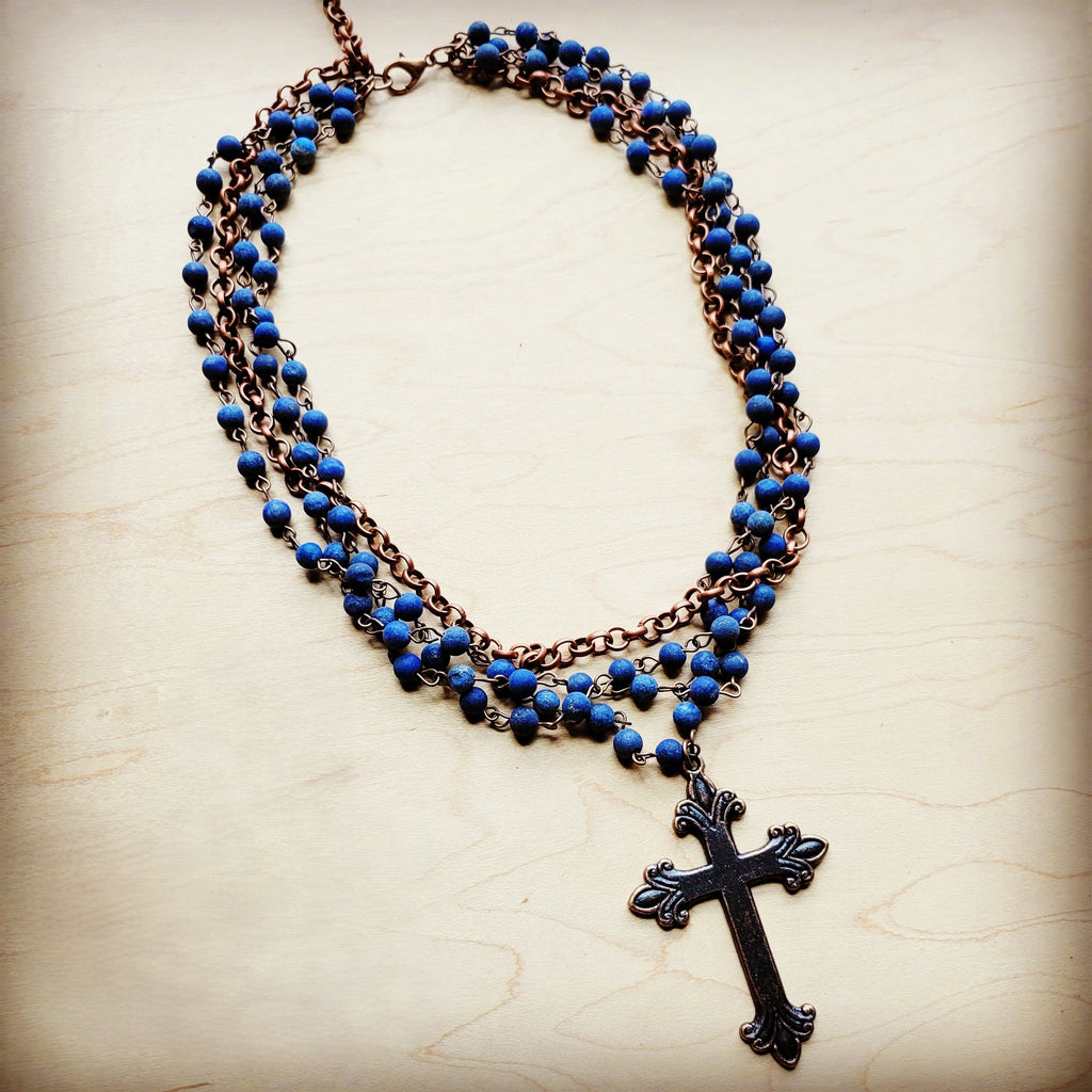 Blue Lapis Collar-Length Necklace with Copper Cross 255v