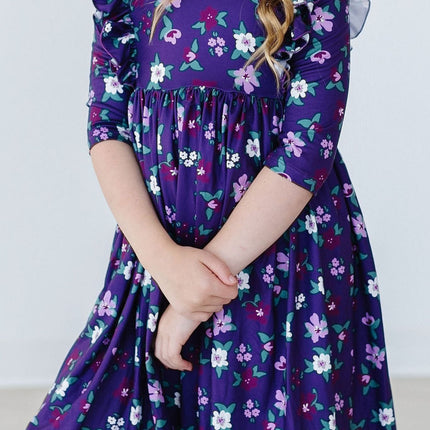 Violets in Bloom 3/4 Sleeve Ruffle Twirl Dress