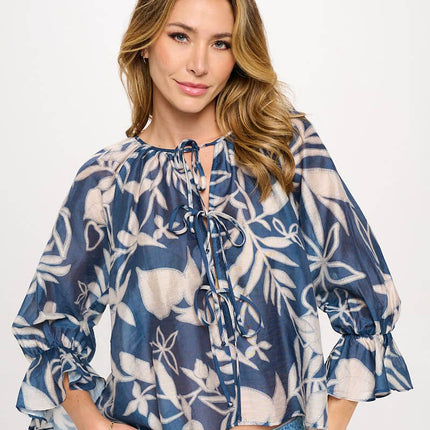 Blue & Tan Round Neck Top with Front Tie Detail