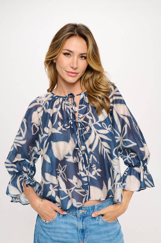 Blue & Tan Round Neck Top with Front Tie Detail