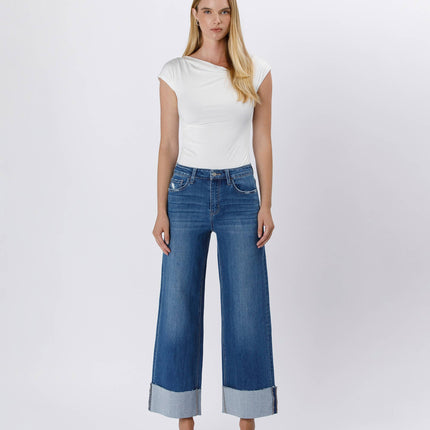 High Rise Cuffed Ankle Wide Leg Jeans