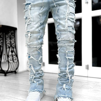 Patched Pants Long Tight Fit Stacked Jeans