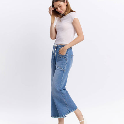 High Rise Flare Denim with Drawstring Waist