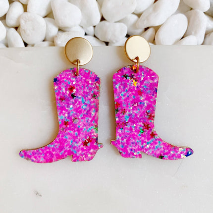 Glittered Up Cowgirl Earrings: Pink