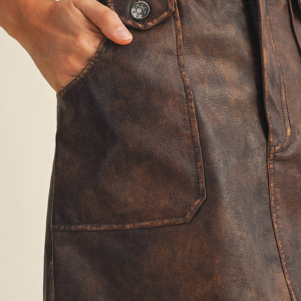 Brown Vintage Wash Patch Pocket Mini Skirt
