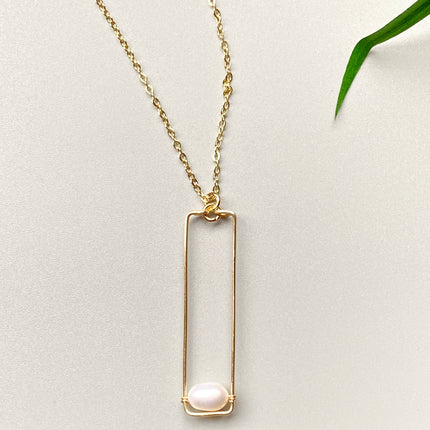 Pearl Necklace with Gold Rectangle Drop Pendant and Chain