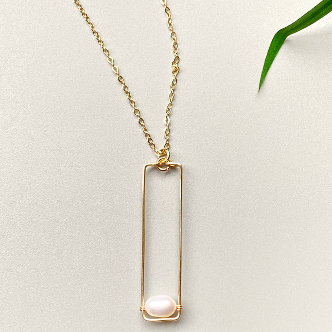 Pearl Necklace with Gold Rectangle Drop Pendant and Chain