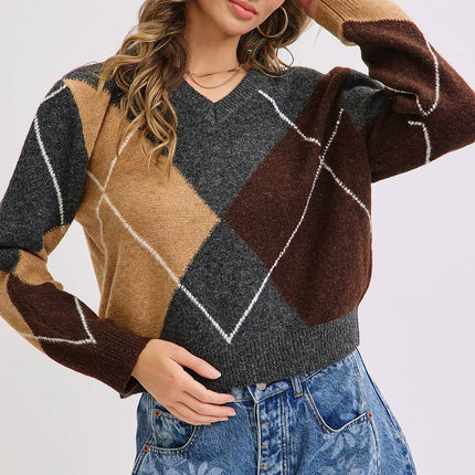 Charcoal Wine Camel  V-Neck Argyle Sweater