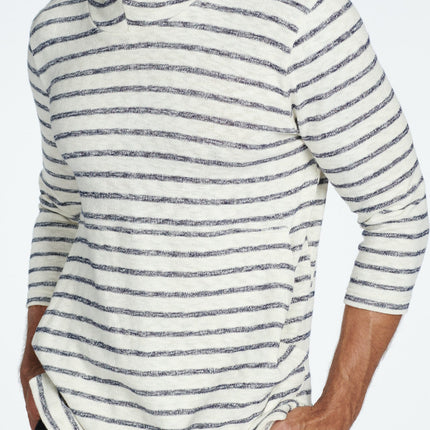 Men's Cambridge 3/4 Sleeve Cowl Neck Visor Hoodie Sweater -  Slub Jersey Navy/Cream Stripe