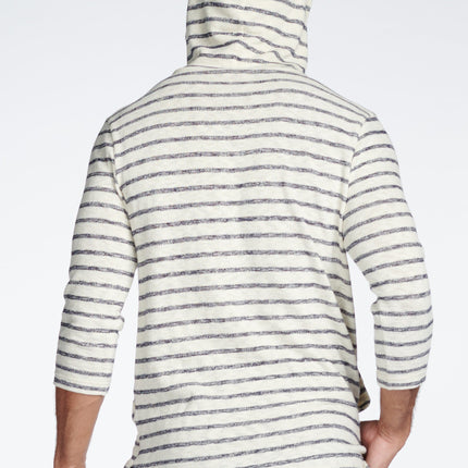 Men's Cambridge 3/4 Sleeve Cowl Neck Visor Hoodie Sweater -  Slub Jersey Navy/Cream Stripe