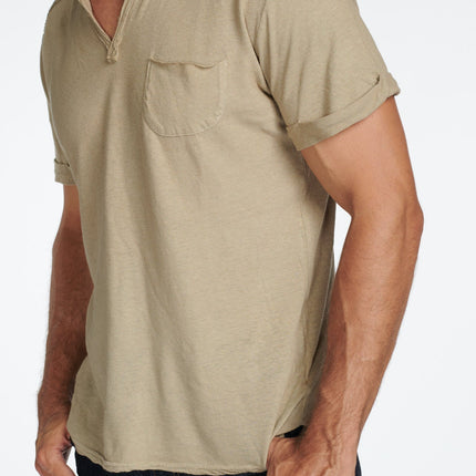 Men's Linen Blend Raw Edge Split V-Neck Tee