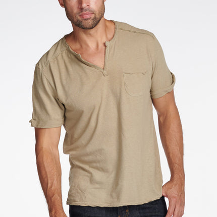 Men's Linen Blend Raw Edge Split V-Neck Tee