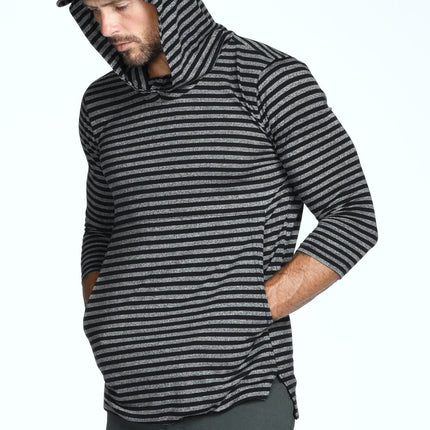 Men's 3/4 Sleeve Cowl Neck Visor Stripe Hoodie