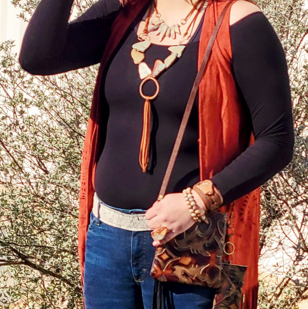 Aqua Terra Slab Necklace with Copper Hoop and leatherFringe Tassel 240r