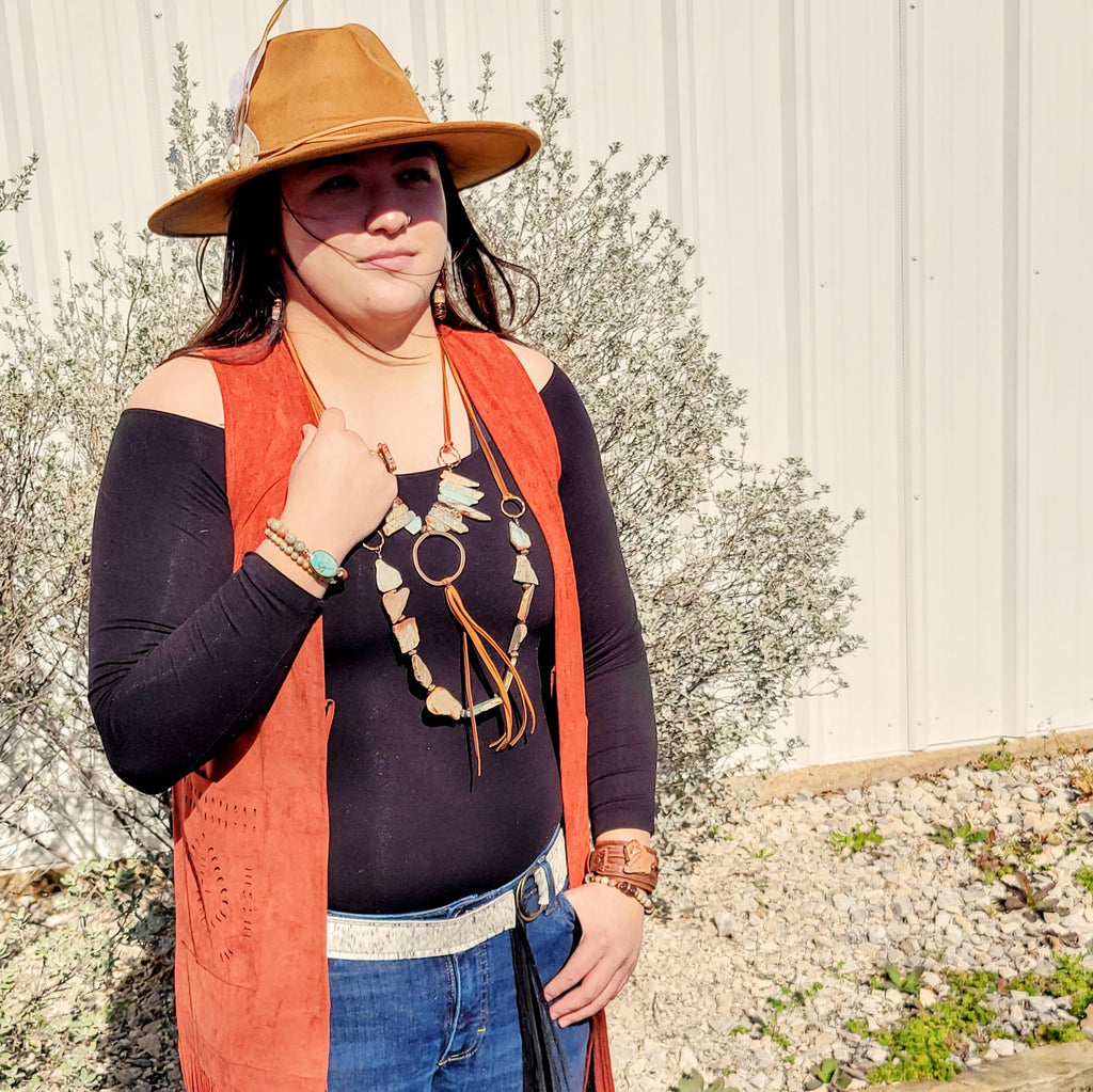 Aqua Terra Necklace w/ Hammered Copper Hoop Long Fringe 225o