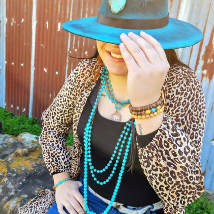 Double Strand Blue Turquoise Beaded Necklace, Leather Tassel 252d