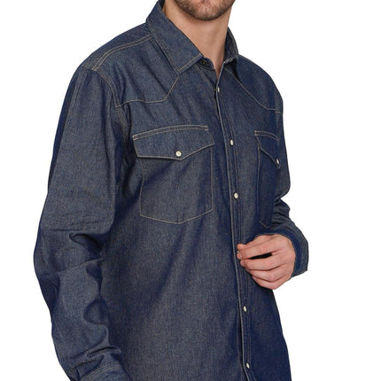 Mens Western Snap Front Button Shirt in Denim and Twill with a Stitched Yoke and Chest Pockets