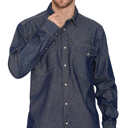 Mens Western Snap Front Button Shirt in Denim and Twill with a Stitched Yoke and Chest Pockets