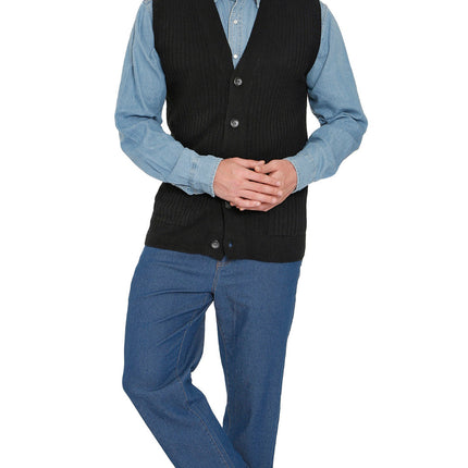 Men's Relaxed Fit Rib Knit Sweater Vest - Button Front with Pockets