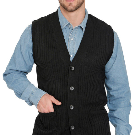 Men's Relaxed Fit Rib Knit Sweater Vest - Button Front with Pockets