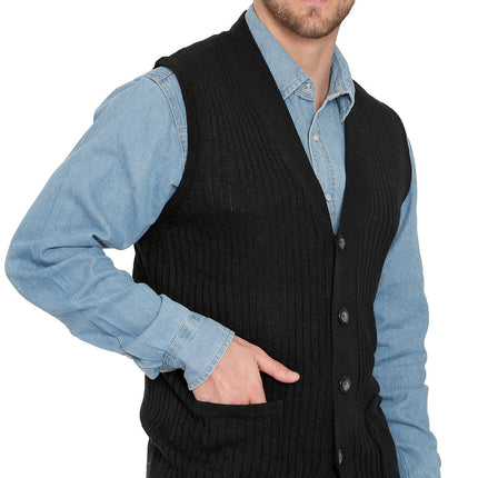 Men's Relaxed Fit Rib Knit Sweater Vest - Button Front with Pockets