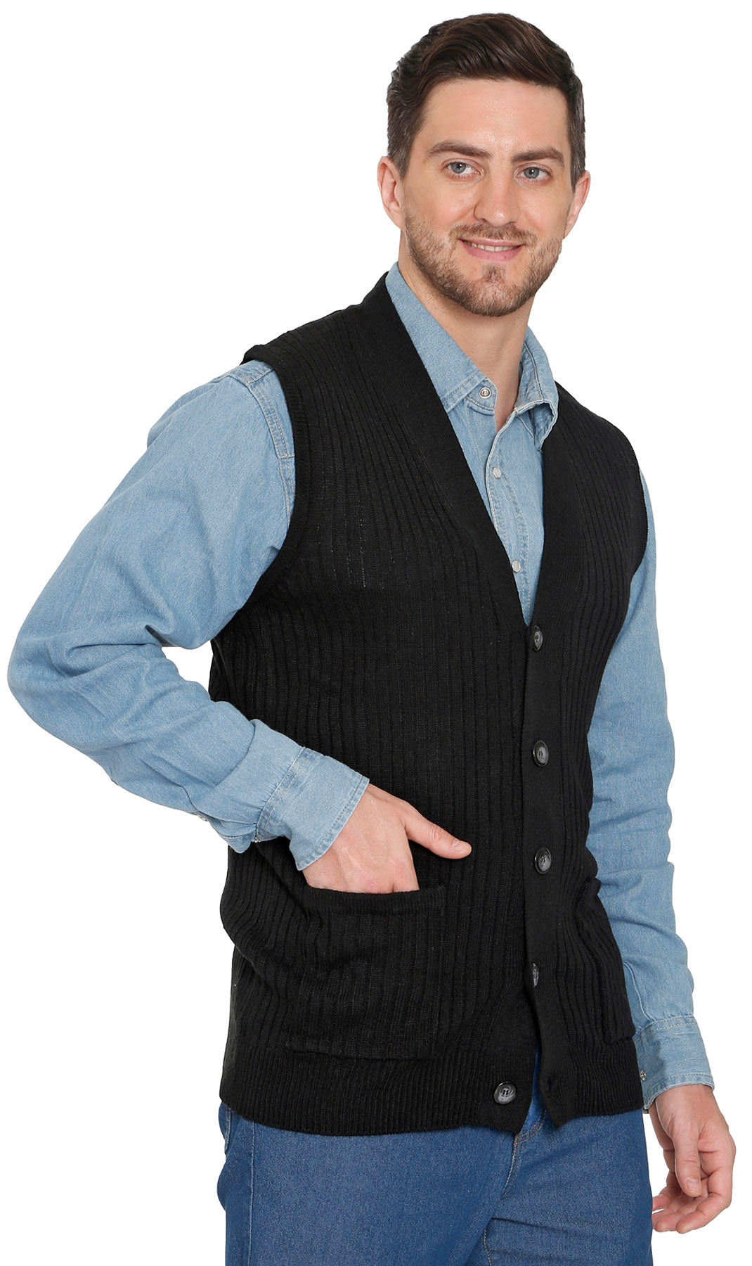 Men's Relaxed Fit Rib Knit Sweater Vest - Button Front with Pockets