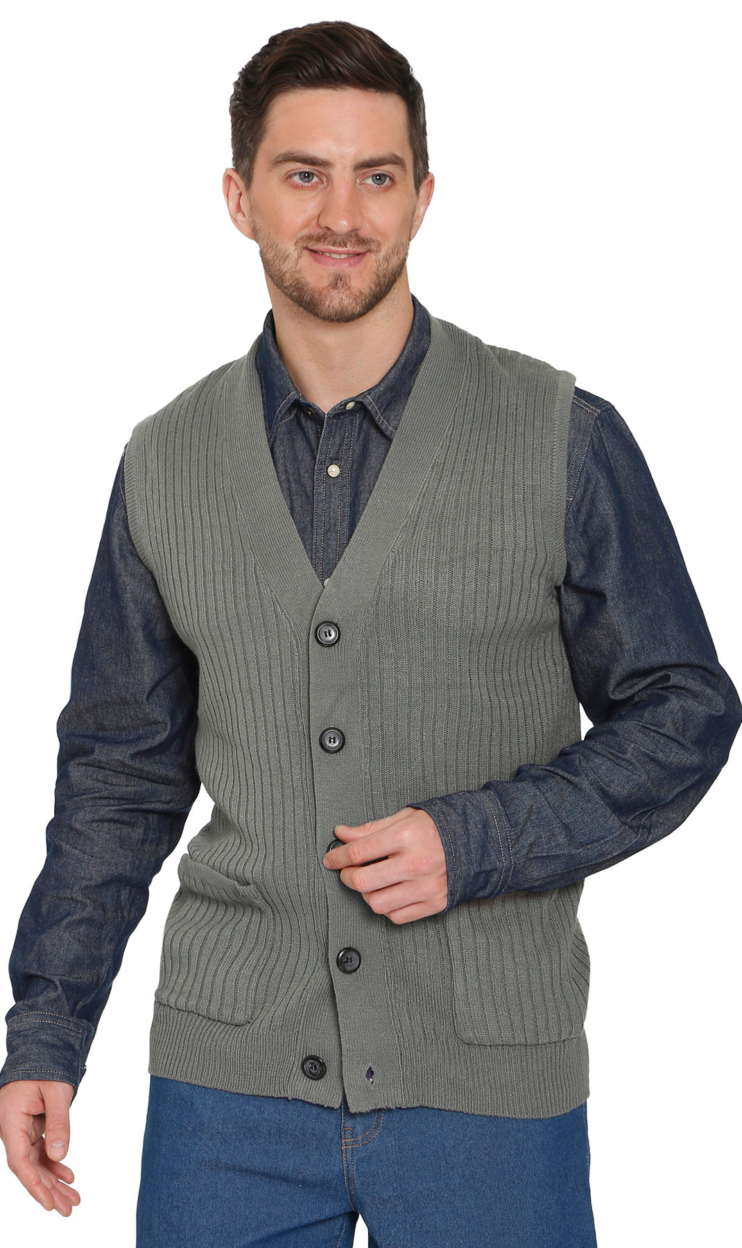 Men's Relaxed Fit Rib Knit Sweater Vest - Button Front with Pockets