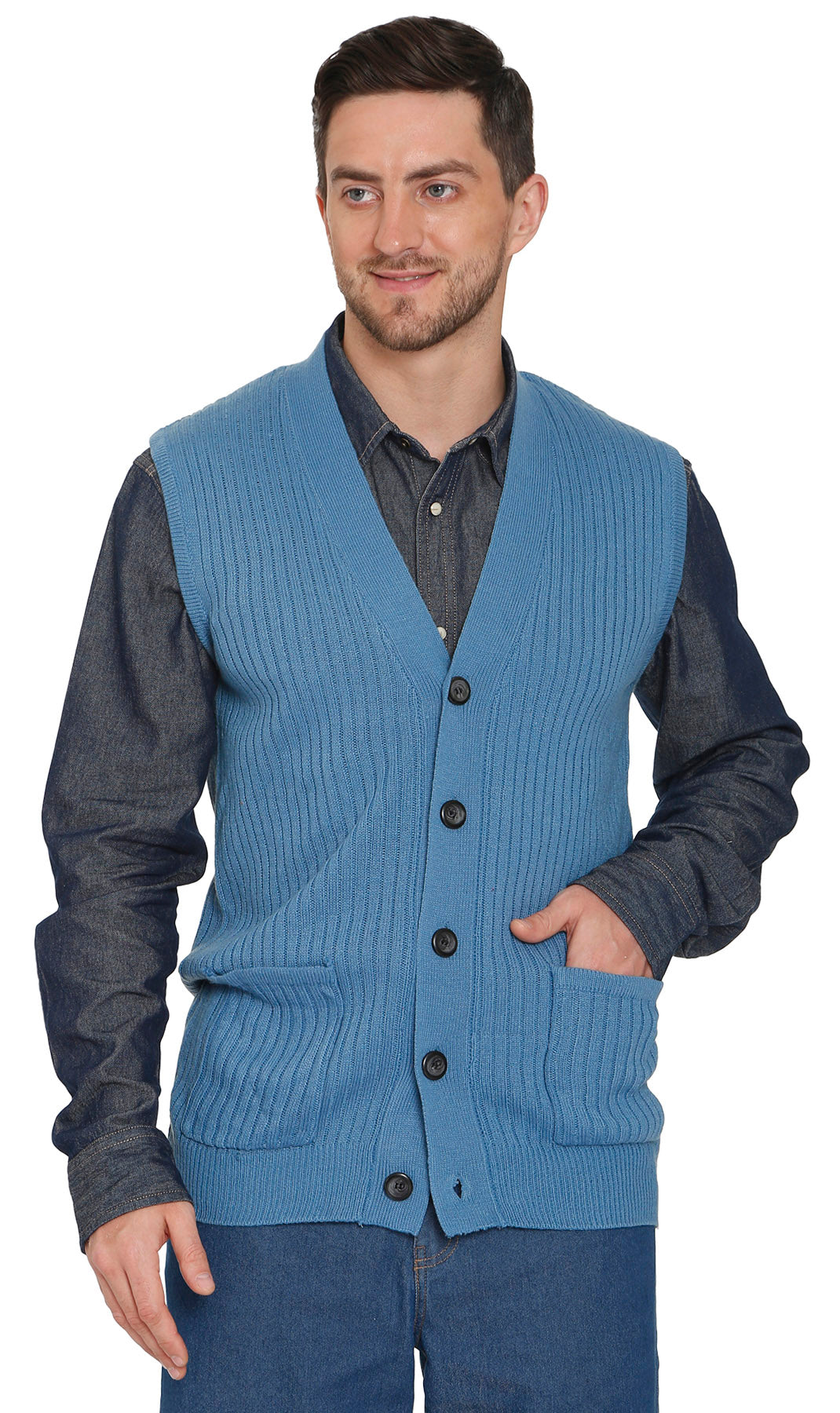 Men's Relaxed Fit Rib Knit Sweater Vest - Button Front with Pockets
