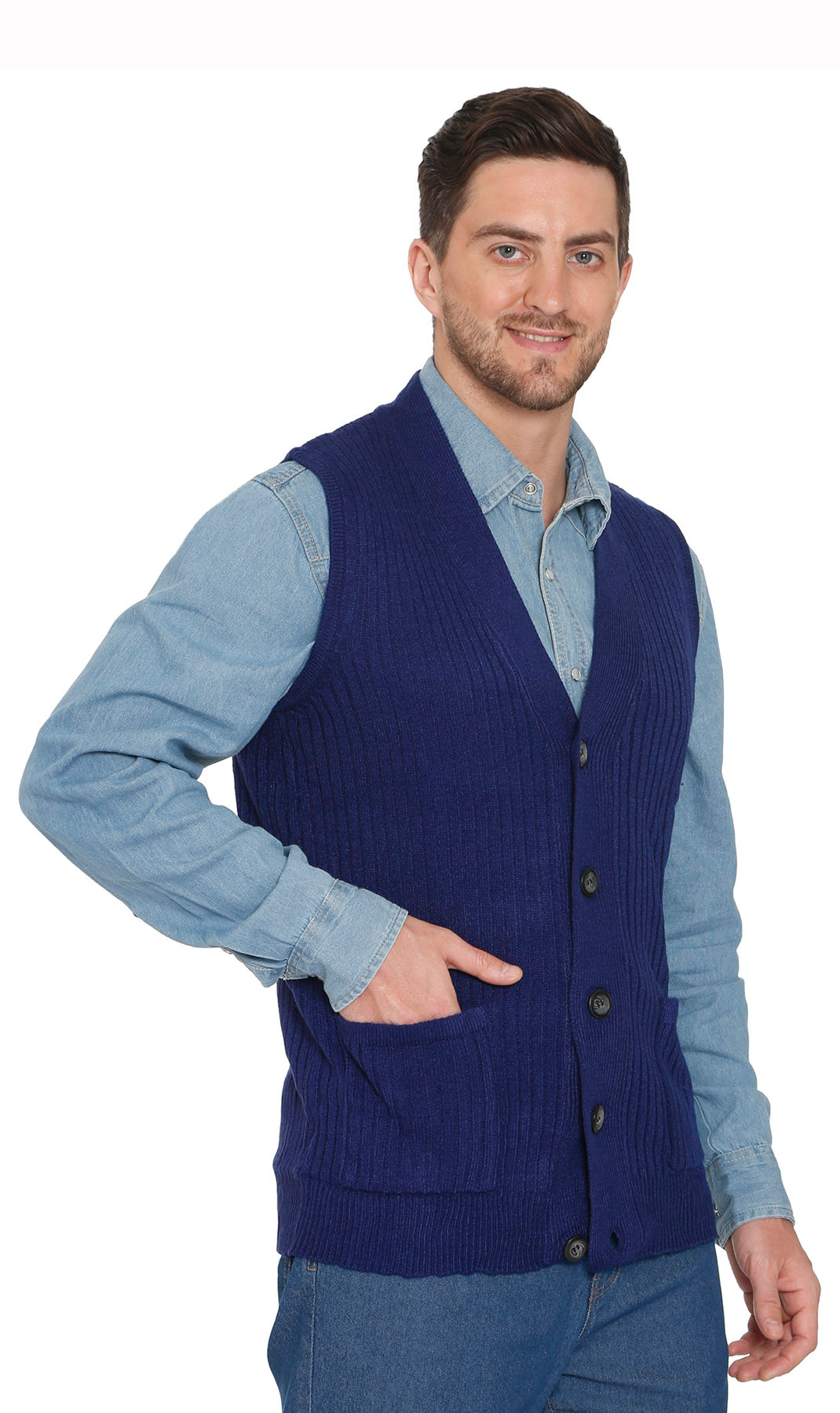 Men's Relaxed Fit Rib Knit Sweater Vest - Button Front with Pockets