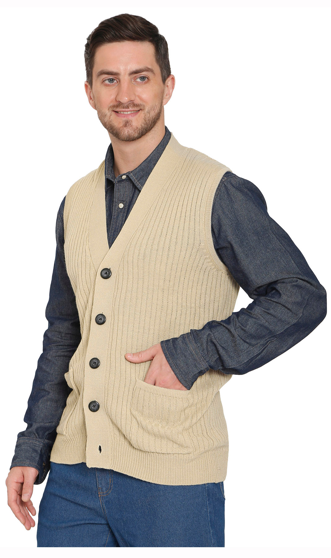 Men's Relaxed Fit Rib Knit Sweater Vest - Button Front with Pockets
