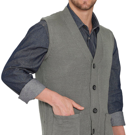 Men's Cashmere-Like Button Front Flat Knit Sweater Vest with front patch pockets